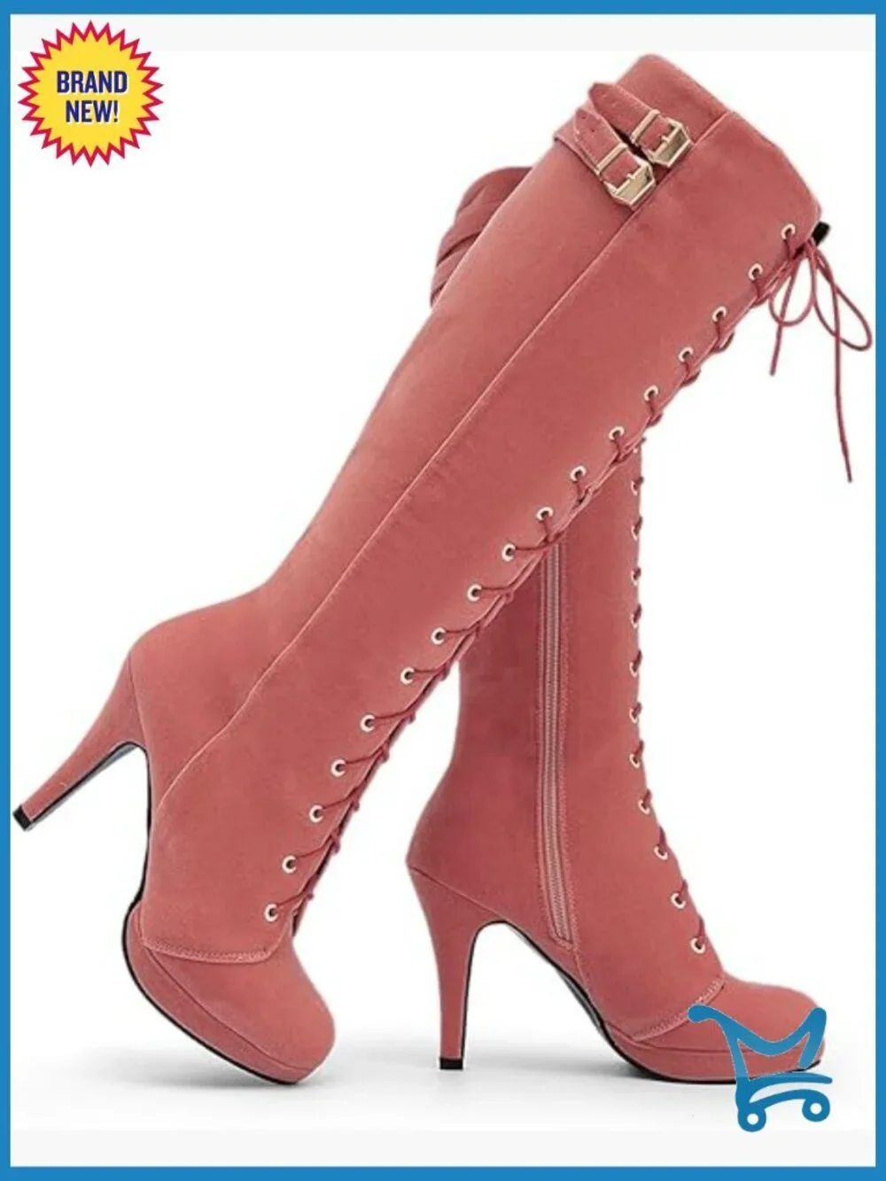 Knee High Boots Suede Lace Up Zipper Heeled Thigh High Dress Boots